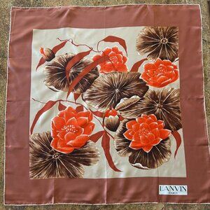 Vintage Lanvin 100% Silk Scarf Made in France ~ 30" x30", Brown Border w Flowers